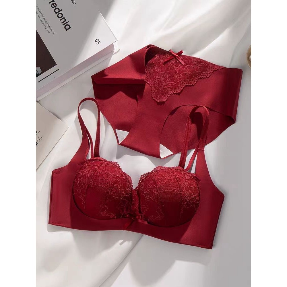 全棉纯棉红色本命年内衣女士小胸聚拢显大性感内裤套装马年2026