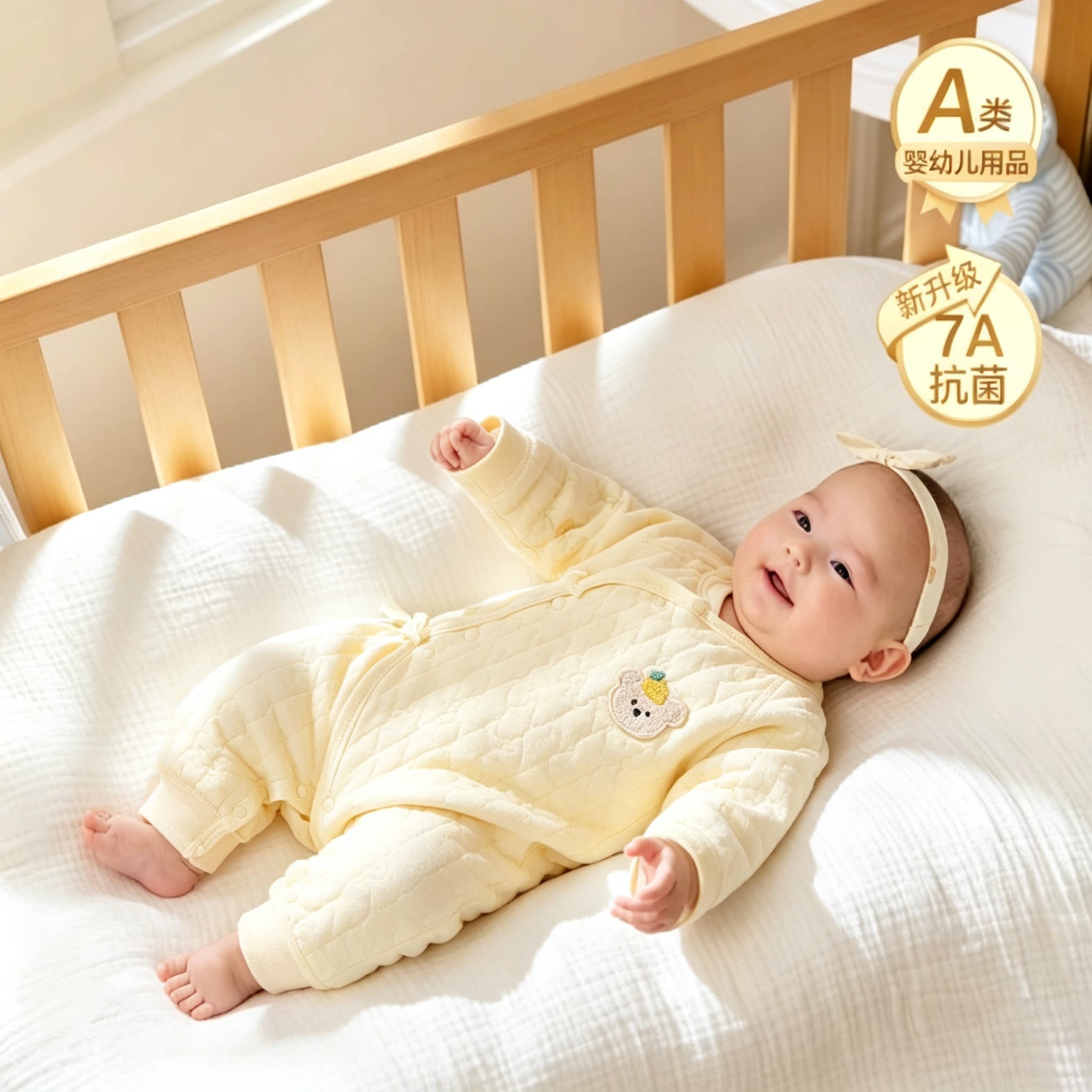 全棉纯棉婴儿连身衣服秋冬薄棉三层夹棉新生儿宝宝打底保暖加厚哈