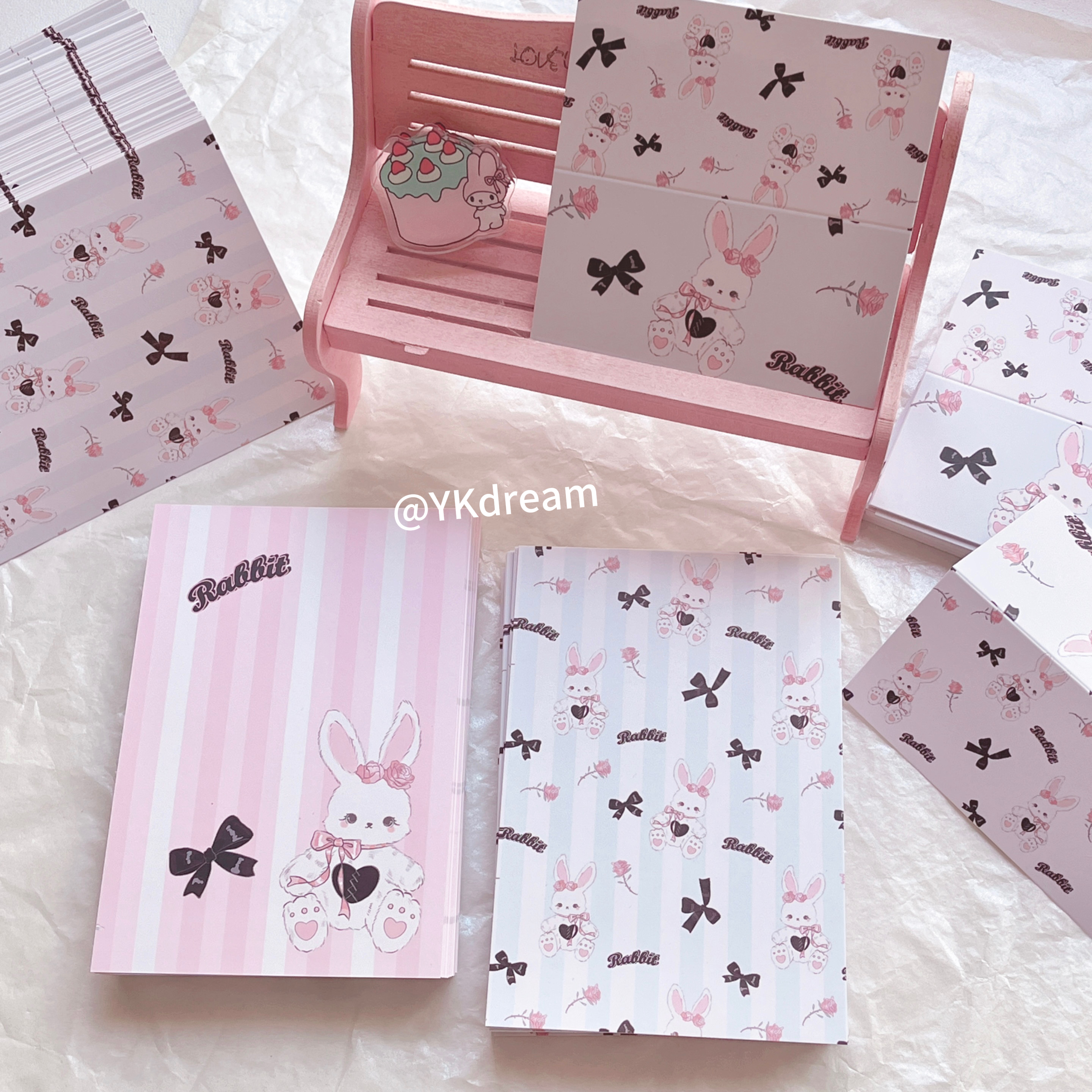 原创粉蓝条纹兔子蝴蝶结卡头卡背i简约文创打包材料饰品包装卡纸