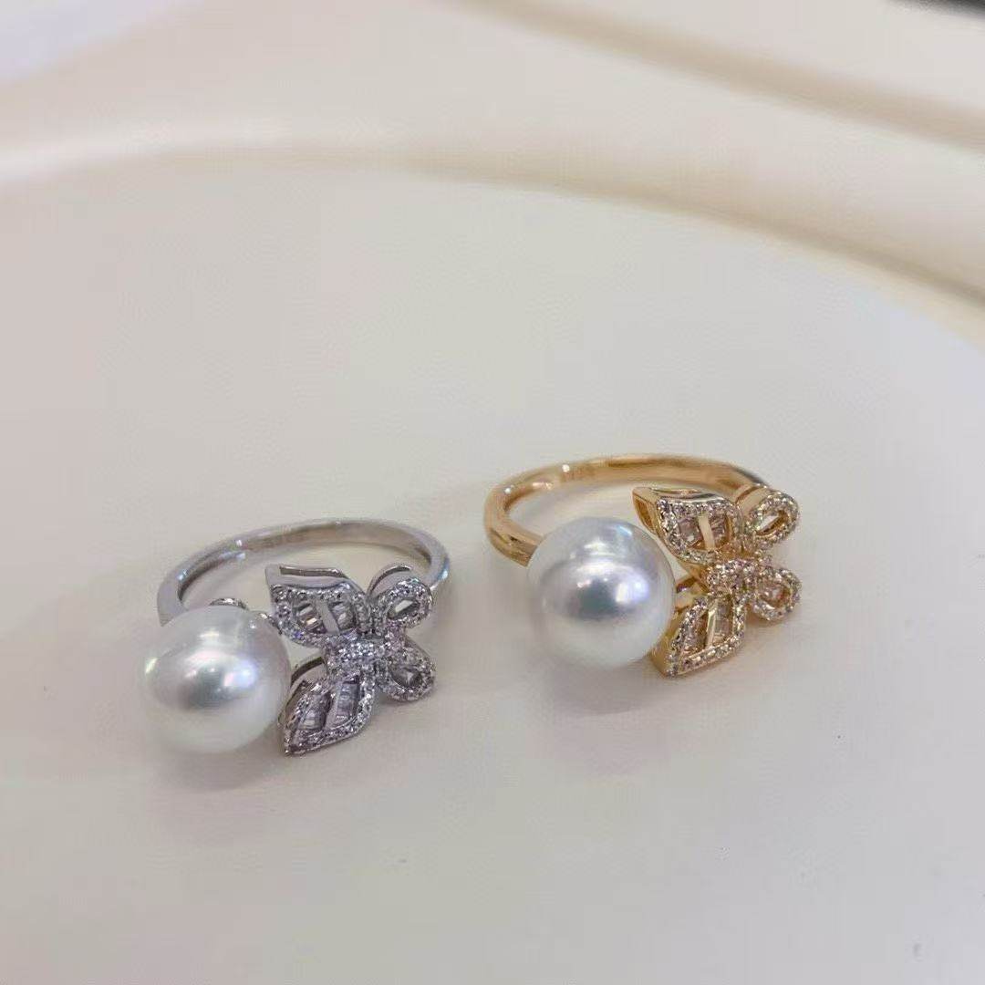 9-10mm极光爱迪生精致正圆极微瑕双层蝴蝶开口珍珠戒指