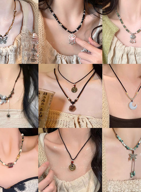 新中式民族风平安锁项链女轻奢感蝴蝶串珠锁骨链复古配饰颈链