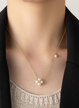 幸运四叶草精致复古项链小灯泡珍珠锁骨链真金电镀感百搭颈链