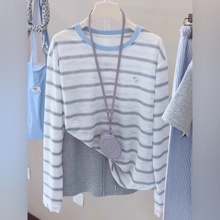Native Road韩系蓝色条纹防晒长袖t恤女夏2026新款薄宽松空调罩衫