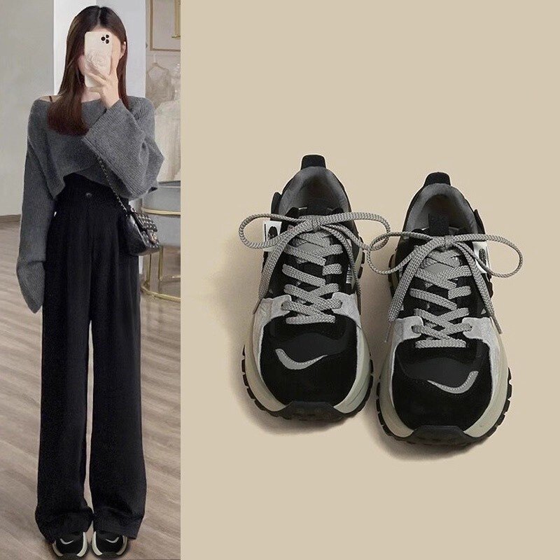 英国DHWA运动鞋阿甘鞋女款百搭老爹鞋黑色小运动休闲跑步鞋子轻便