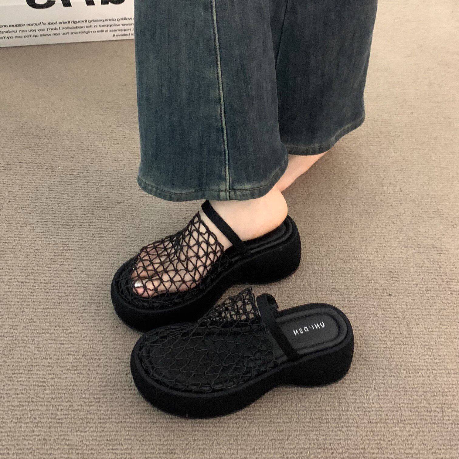 法国GUA3 THREE真皮厚底包头半拖鞋女夏季松糕增高缕空渔网鞋凉鞋