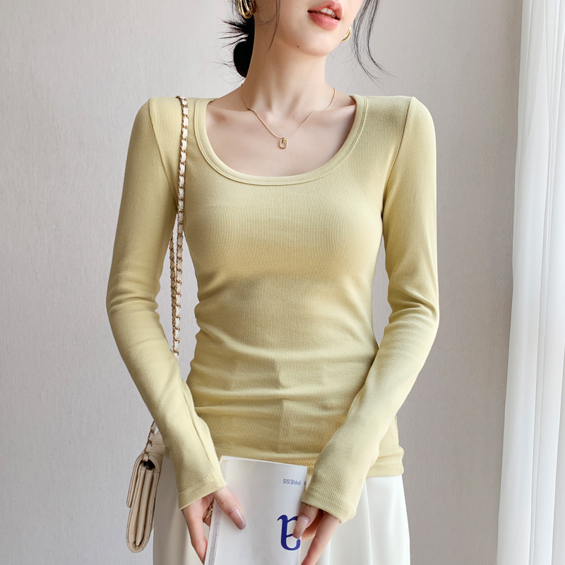 米兰风MDCW打底衫女内搭2025秋冬款U领长袖T恤修身大领口螺纹上衣