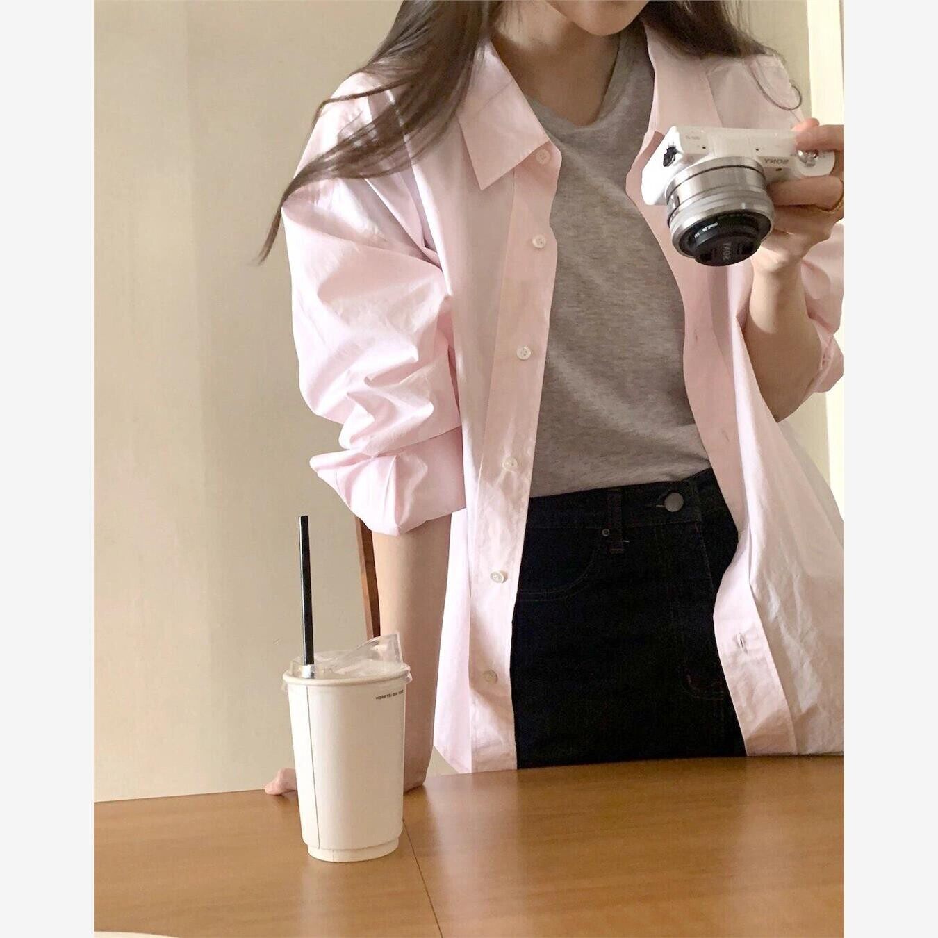 韩国NextMary气质显白浅粉色衬衫女纯棉小众减龄翻领衬衣外穿春