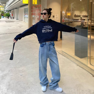 法国Zazcl藏蓝色短款连帽卫衣女春秋薄款新款露脐长袖小个子上衣