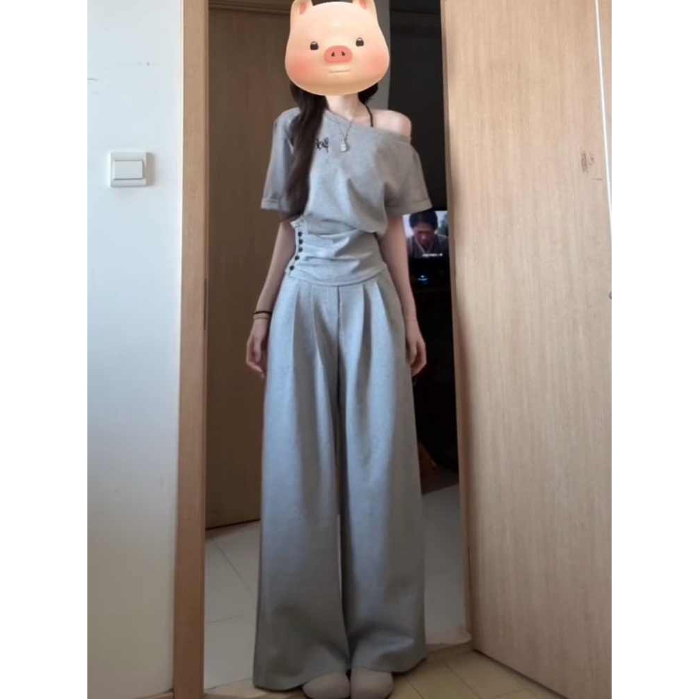 Next Kiss休闲运动服套装女夏季收腰露斜肩短袖上衣阔腿裤两件套