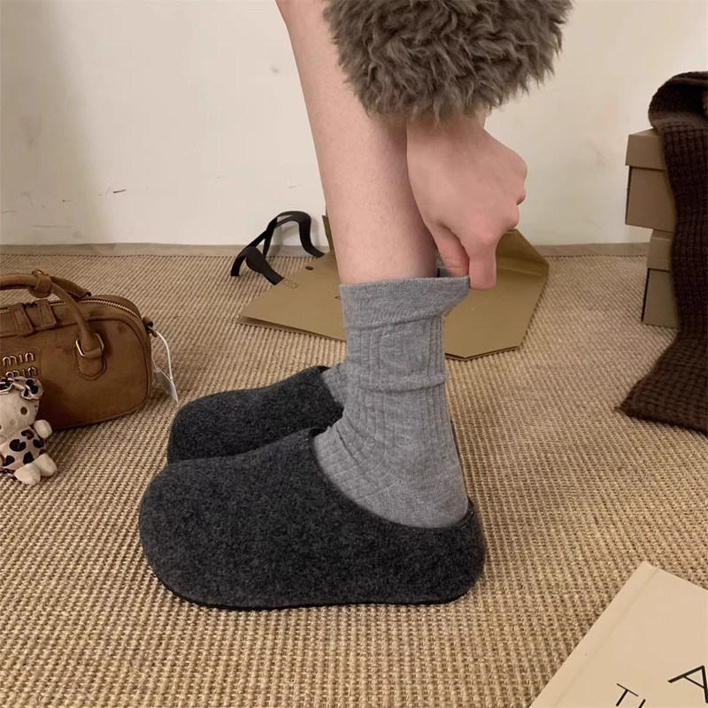 法国Uamtor厚底增高5cm复古丑萌大头面包鞋女灰色毛呢加绒勃肯鞋