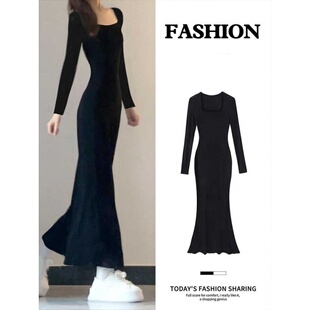 英国 DGKP黑色步步生莲鱼尾连衣裙秋冬季大衣内搭轻熟风包臀长裙