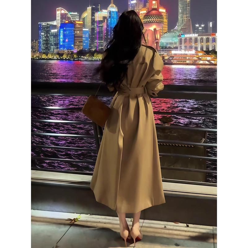 Native Road卡其色长款收腰风衣外套女小个子秋冬季新款翻领上衣