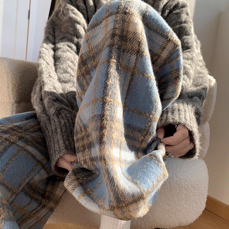 英国DGKP毛呢加绒格子裤女秋冬高腰经典复古直筒裤显瘦窄版阔腿裤