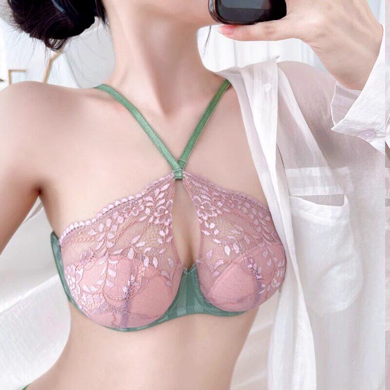 性感纯欲挂脖内衣女大胸显小胸聚拢薄款美背2025文胸罩套装情趣