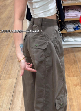 英国DGKP灰绿色美式工装裤女秋冬2025加绒阔腿小个子弯刀运动裤子