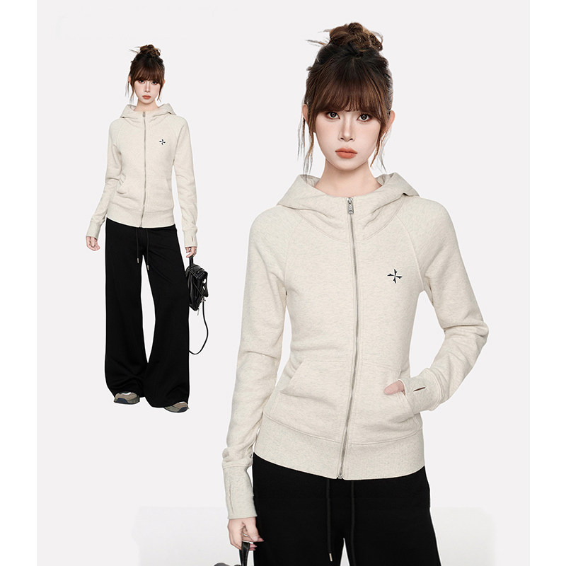 MDCW米兰风花灰色正肩连帽卫衣外套女2025早秋款修身运动长袖上衣