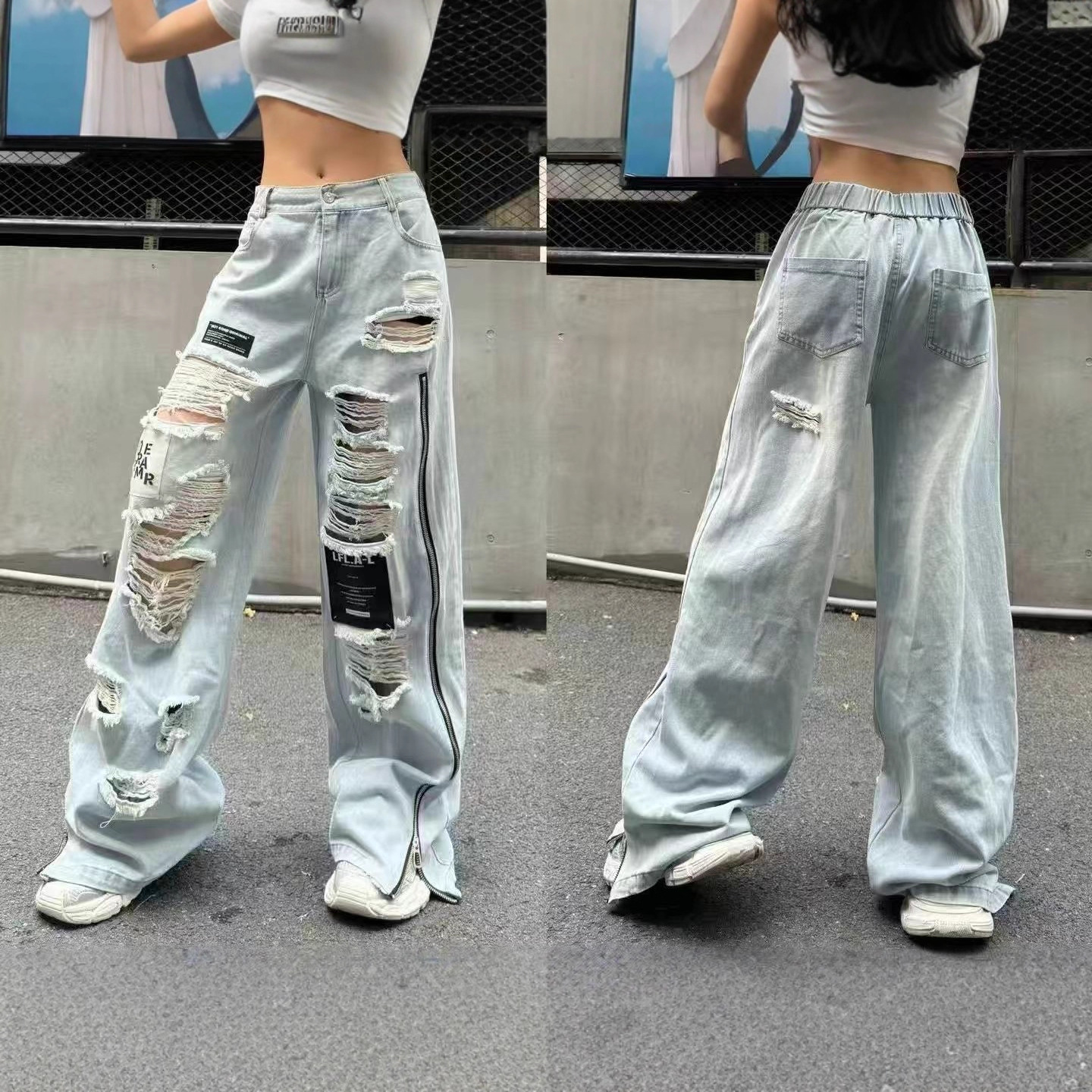 欧货潮牌牛仔裤女2026春新款重工水洗手工磨破洞贴标拉链拖地长裤