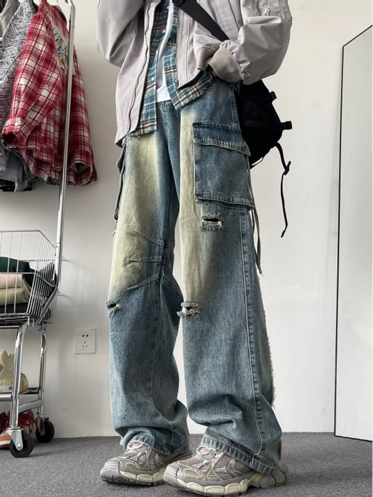 찢어진 작업 청바지 남성 가을 겨울 미국 복고풍 유행 브랜드 바이브 하이 스트리트 바지 루즈 스트레이트 와이드 레그 바지