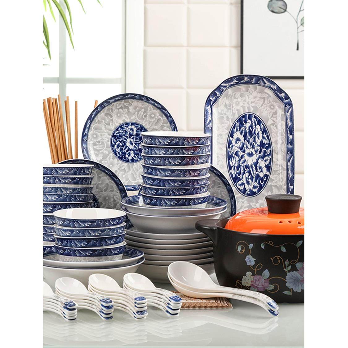 碗碟套装家用78件青花瓷碗鱼碟子组合餐具中式碗盘10人用创意碗筷