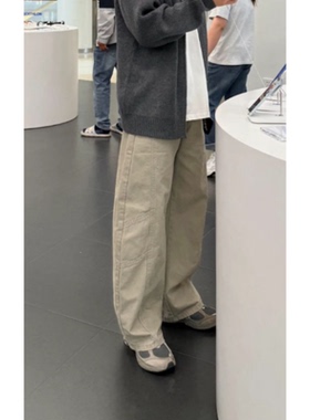 cleanfit美式复古水洗直筒长裤宽松阔腿潮流做旧百搭工装弯刀裤