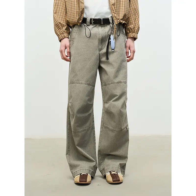 Luminelle复古水洗做旧双膝打褶微喇直筒Cargo宽松休闲工装裤长裤