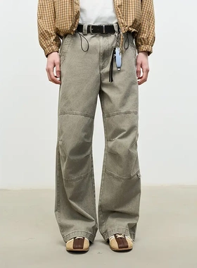 Luminelle复古水洗做旧双膝打褶微喇直筒Cargo宽松休闲工装裤长裤