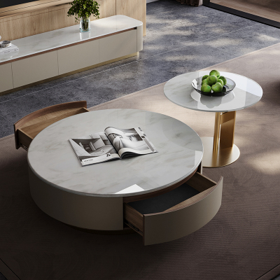 大理石茶几客厅2025新款轻奢高级感小户型家用高端大气圆形电视柜