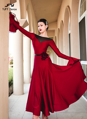 又见梵羽喇叭袖大摆摩登裙黑色酒红鱼骨裙国标舞服中秋演出ADL159