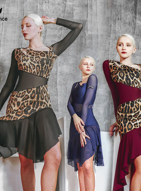 又见梵羽拉丁练习服女 长袖拉丁 连衣裙 豹纹 伦巴舞服 新款 W626