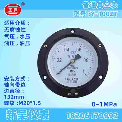 上海正保仪表厂Y-100ZT 轴向带边气压水压蒸汽压力表 1MPA