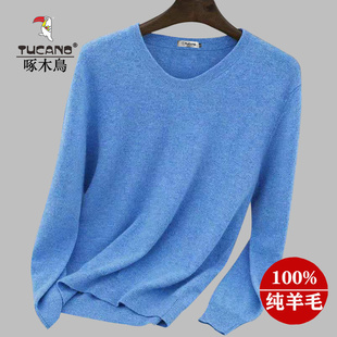 啄木鸟毛衣男春秋薄款圆领羊毛针织打底衫中青年休闲纯色V领体恤T