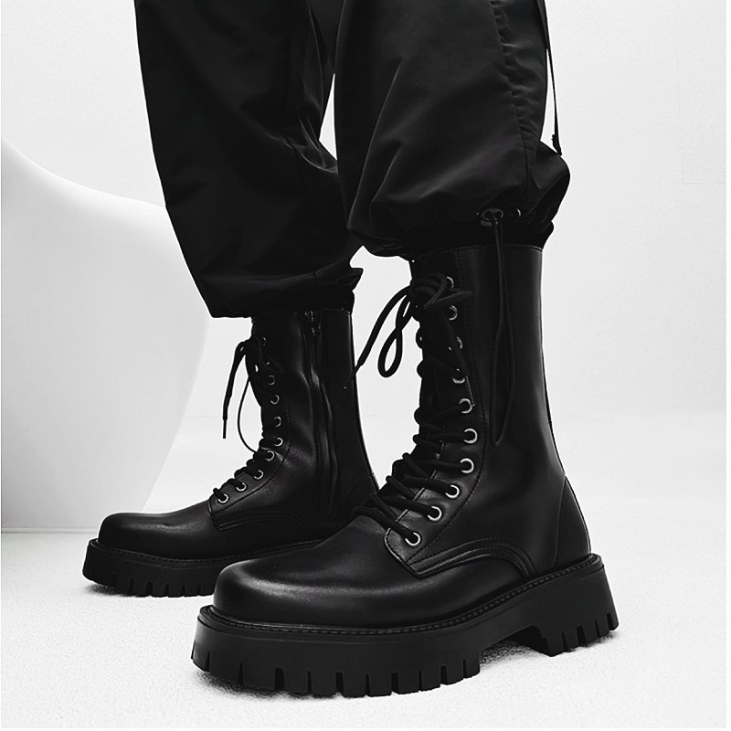 英伦高帮加绒马丁靴男长筒内增高靴子男款拉链厚底真皮十孔机车靴