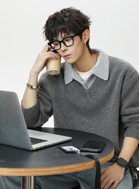 edge studio 边缘工作室V领毛衣男秋复古翻领polo针织衫保暖外套