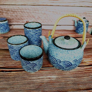 陶瓷茶壶 手绘海浪纹酒壶 泡茶器 和风手提壶 日式 提梁单壶 酒杯