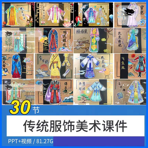 中国古风传统服饰设计 30节PPT+视频儿童线描画写生美术课件