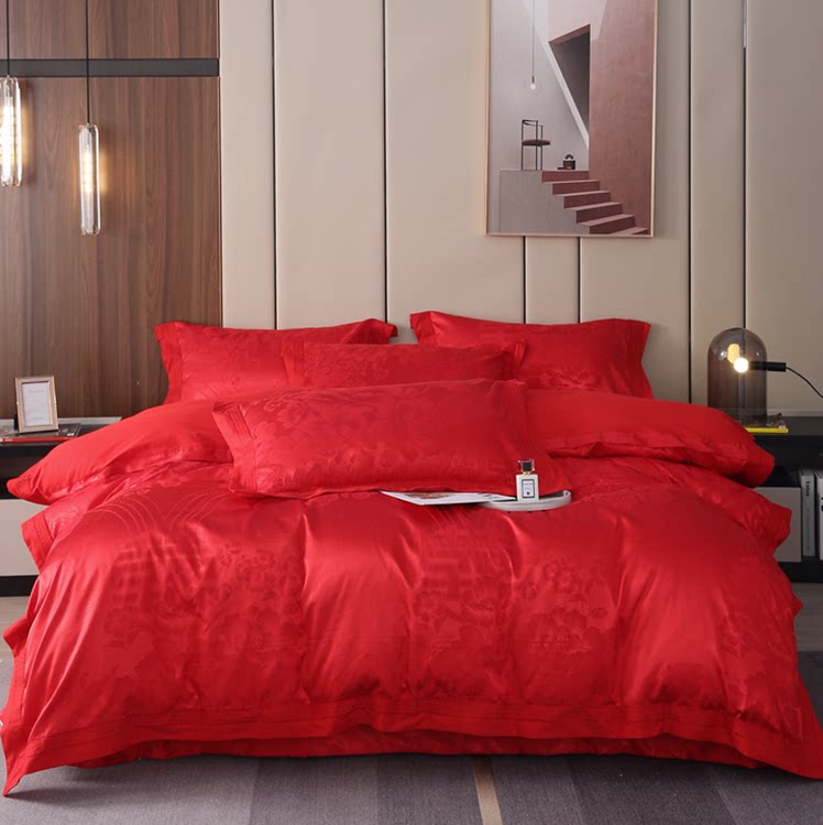 恒发家纺 雅尊提花四件套婚庆纯棉贡缎全棉床上用品大红结婚套件