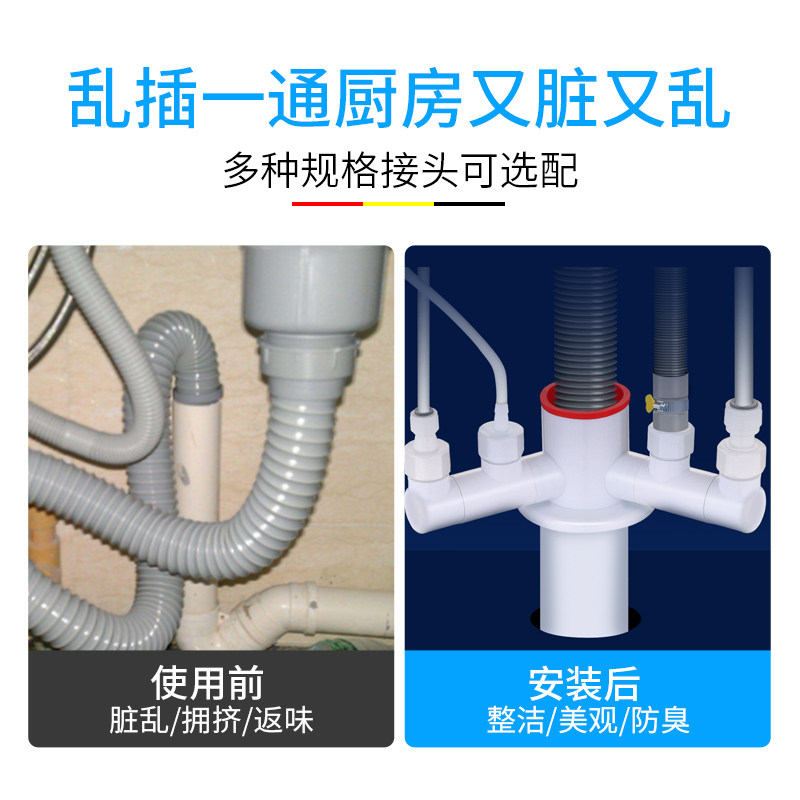 德国厨房下水管三通防臭多功能接头前置过滤器净水器洗碗机排水管