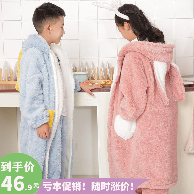 加厚保暖女童睡袍秋冬季法兰绒儿童长款睡衣兔耳朵男孩浴袍亲子装