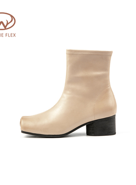【默认瑕疵】韦恩Wayne Flex芭蕾平头粗跟增高个性瘦瘦靴时装靴女