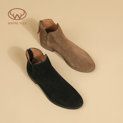 韦恩Wayne Flex后拉链圆头平跟真皮简约时尚切尔西瘦瘦靴短靴