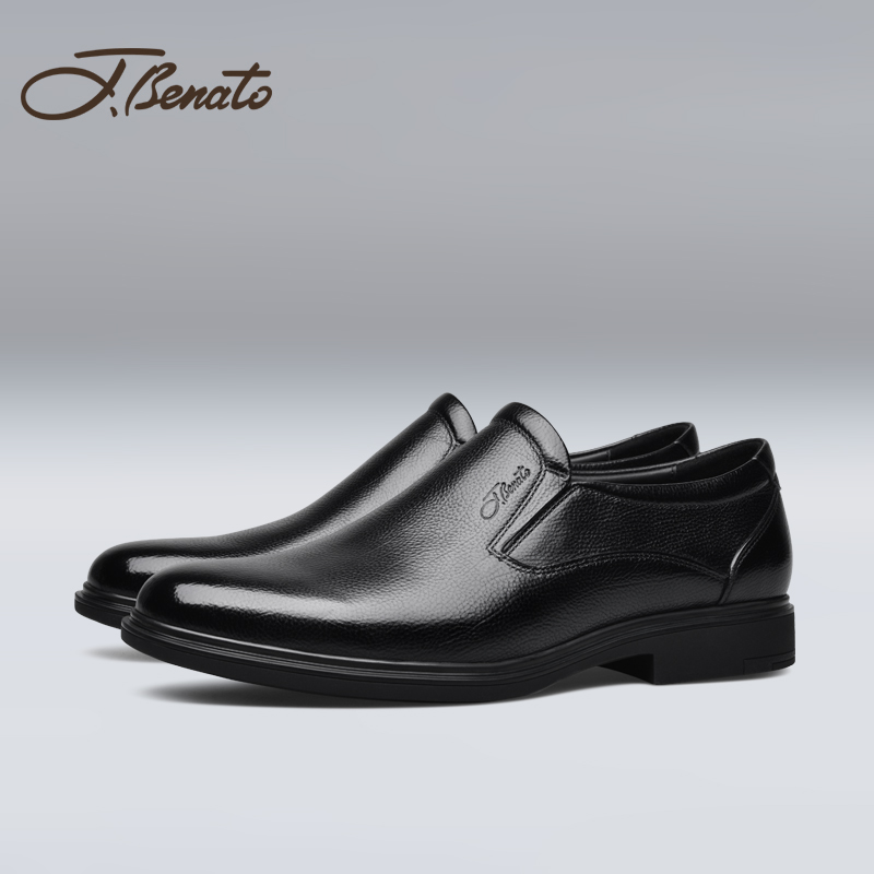 宾度通勤黑色圆头套脚正装皮鞋