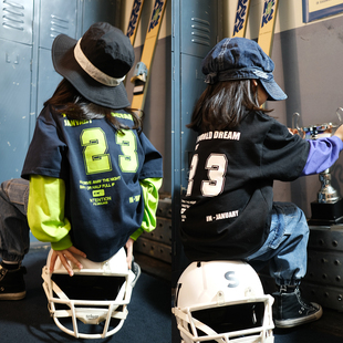 00上新 拼接袖 数字T恤 假2件撞色长袖