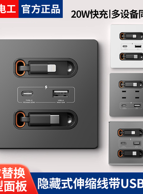 国际电工带伸缩线苹果20W快充USB插座开关面板86型充电Type-c家用