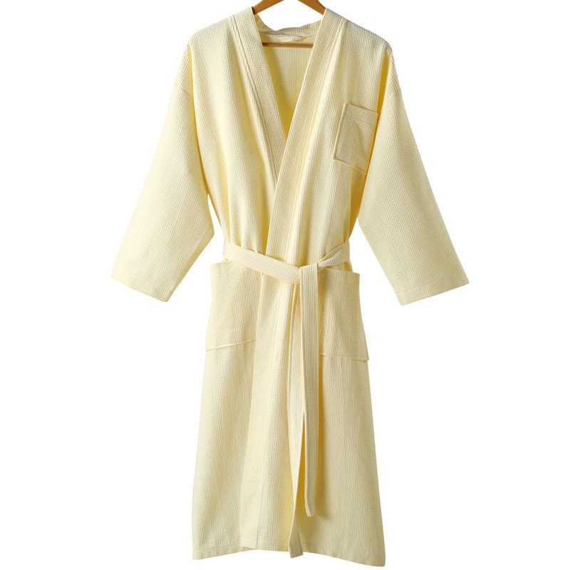 Customized bathrobes with embroidered logos for men and women in summer, long pure cotton waffles for beauty salons and hotels, thin adult bathrobes thumbnail 4