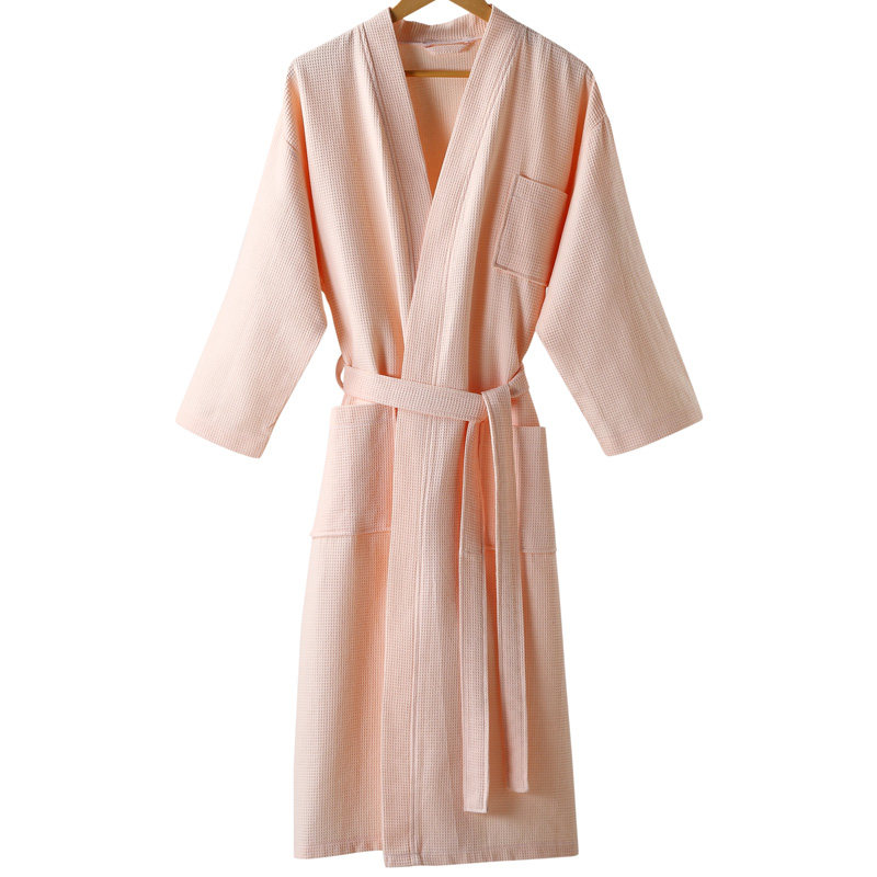 Customized bathrobes with embroidered logos for men and women in summer, long pure cotton waffles for beauty salons and hotels, thin adult bathrobes thumbnail 2