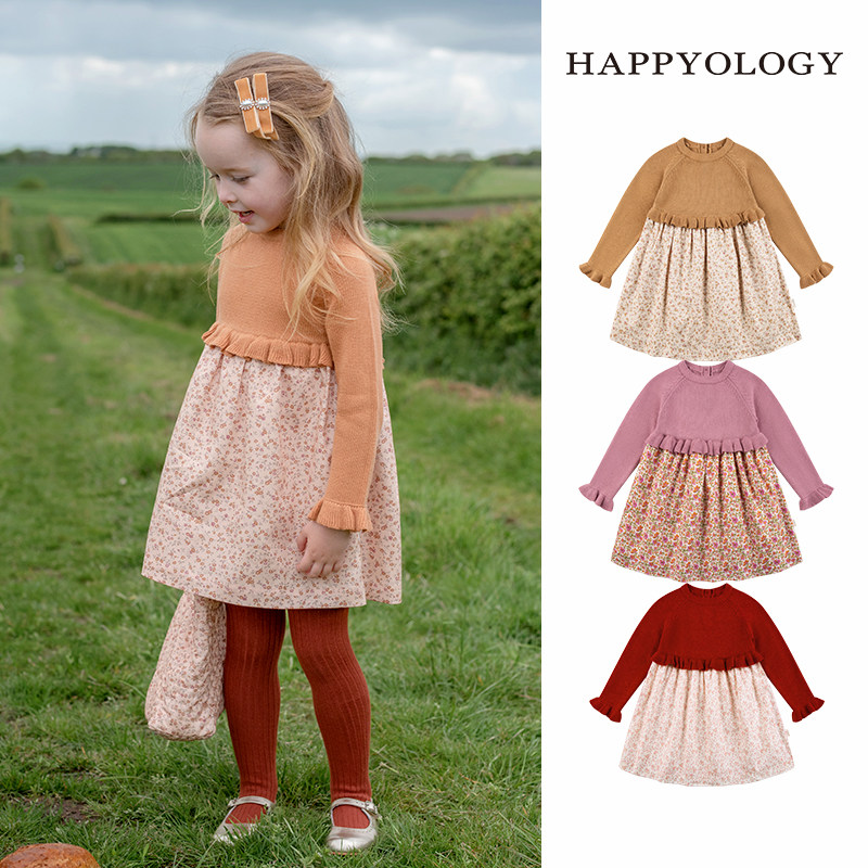 Happyology英国儿童装碎花裙子秋冬女童毛织裙公主裙长袖连衣裙
