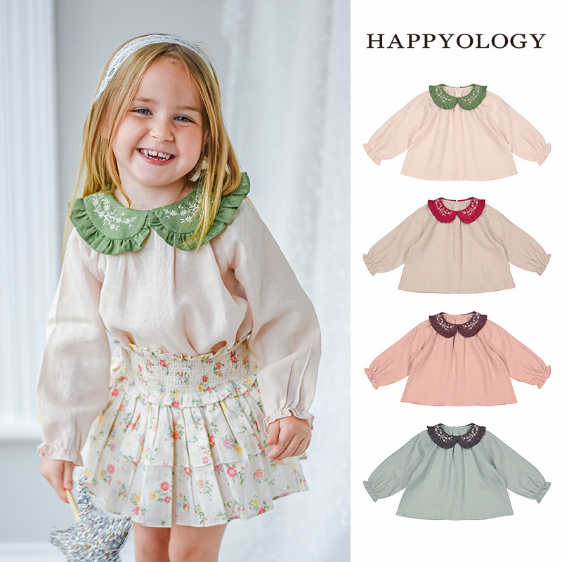 happyology英国女童春季新款儿童衬衣上衣亚麻长袖打底娃娃领衬衫