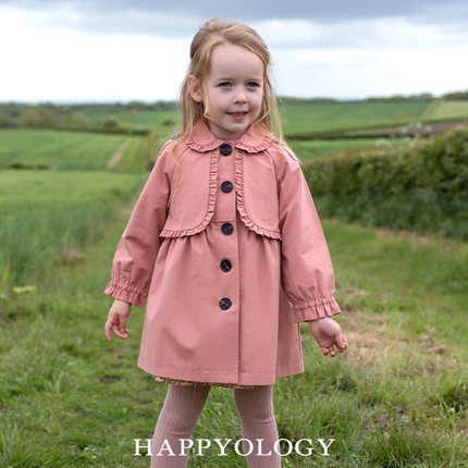Happyology英国新款儿童外套长款英伦风衣荷叶边上衣秋季女童风衣