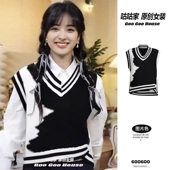 怦然心动20岁沈月同款 黑白撞色不规则V领针织马甲学院风无袖 背心