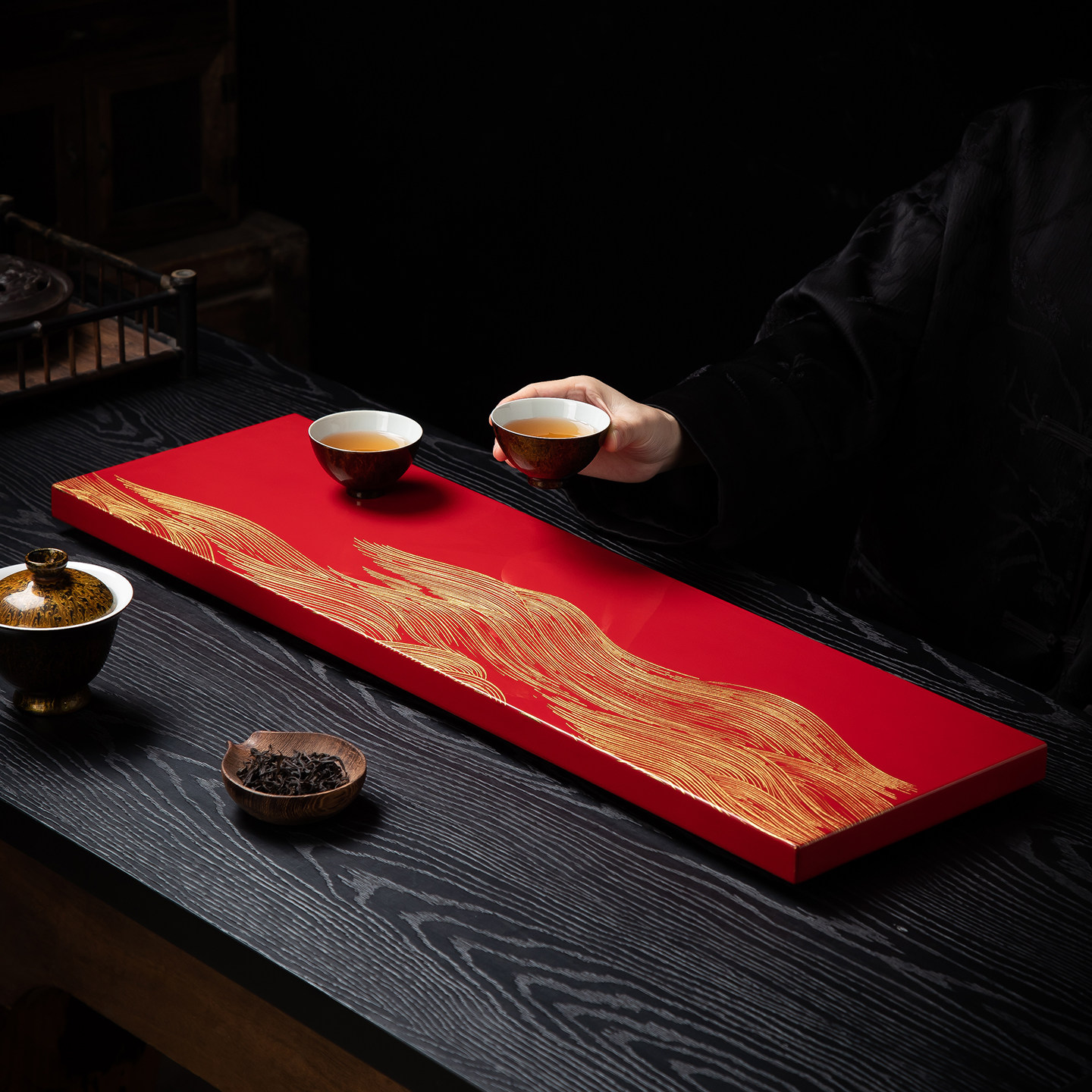 大漆茶盘素髹红色金线条干泡台福州特色非遗手工艺漆器茶具伴手礼